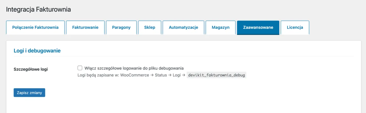 Zakładka Zaawansowane: włączanie szczegółowych logów do pliku debugowania WooCommerce