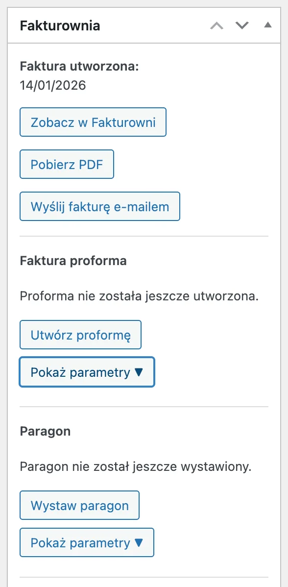 Okno Fakturownia na karcie zamówienia WooCommerce: faktura, proforma, paragon i faktura korygująca z przyciskami Utwórz i Pobierz PDF